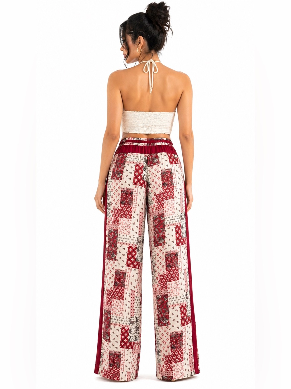 Boho Patchwork Wide-Leg Pants - Cream & Red - Picture 2 of 3